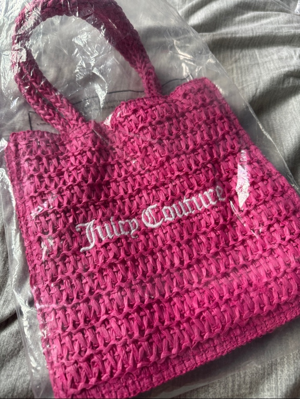Juicy Couture Bright Pink Crochet Tote with White Logo